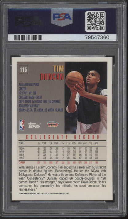 Tim Duncan 1997-98 Topps RC #115 PSA 9 #1