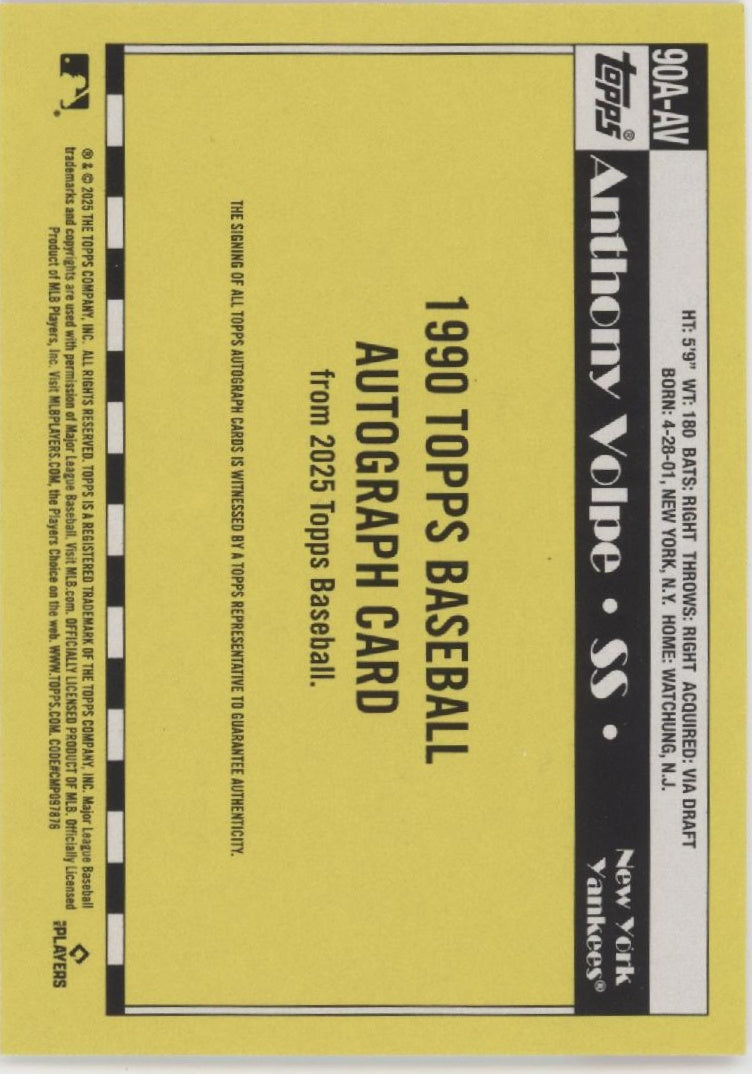 Anthony Volpe 2025 Topps 35th Anniversary '90 Auto #90A-AV