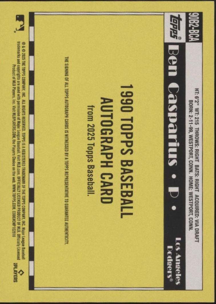 Ben Casparius 2025 Topps 35th Anniversary '90 RC Auto #90B2-BCA