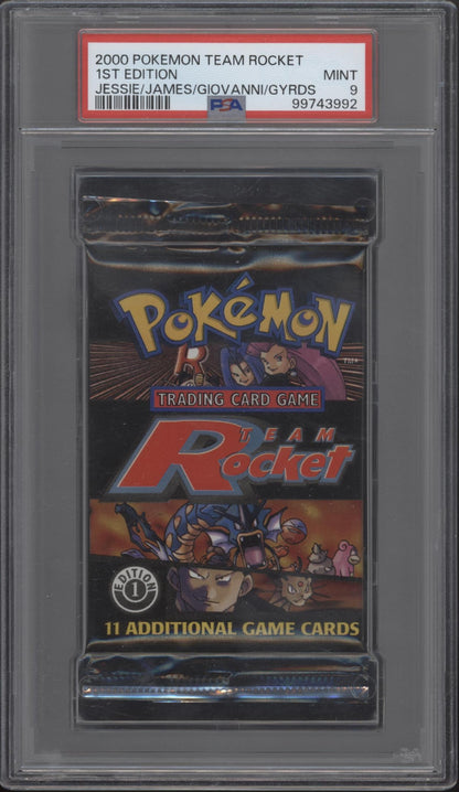 Team Rocket Pokemon 1st Ed Jessie James Giovanni Gyarados Booster Pack PSA 9
