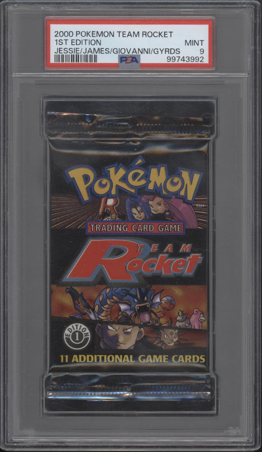 Team Rocket Pokemon 1st Ed Jessie James Giovanni Gyarados Booster Pack PSA 9
