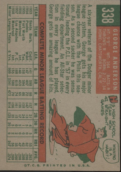 George Anderson 1959 Topps RC #338 Philadelphia Phillies VG #2