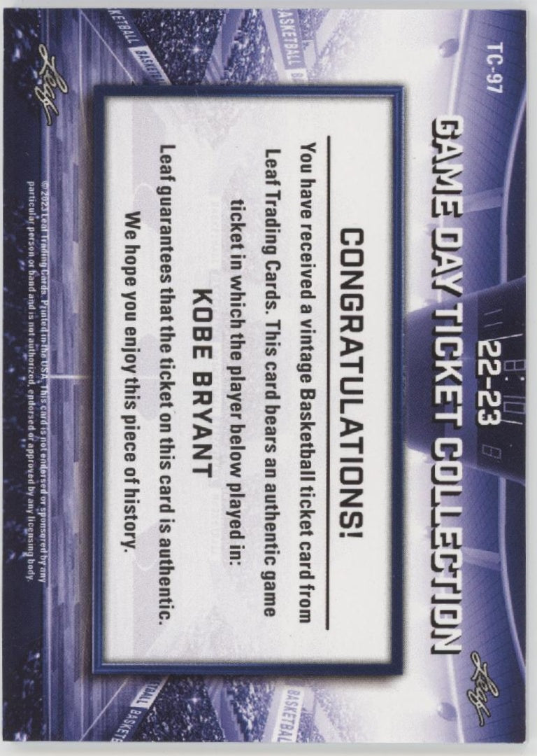 Kobe Bryant 2022-23 Leaf Game Day Ticket Collection #TC-97