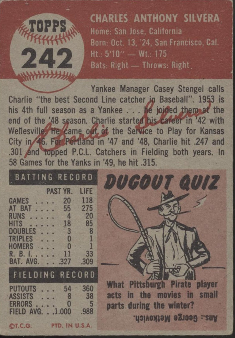 Charlie Silvera 1953 Topps #242 New York Yankees VG