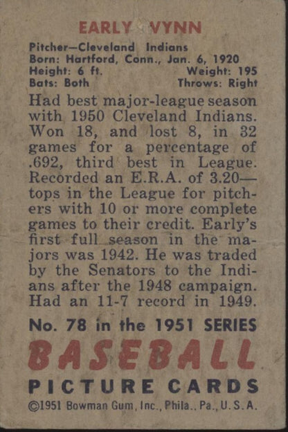Early Wynn 1951 Bowman #78 Cleveland Indians GD