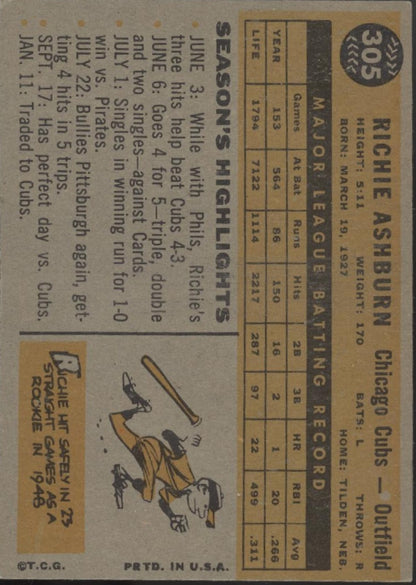 Richie Ashburn 1960 Topps #305 Chicago Cubs VG-EX #1