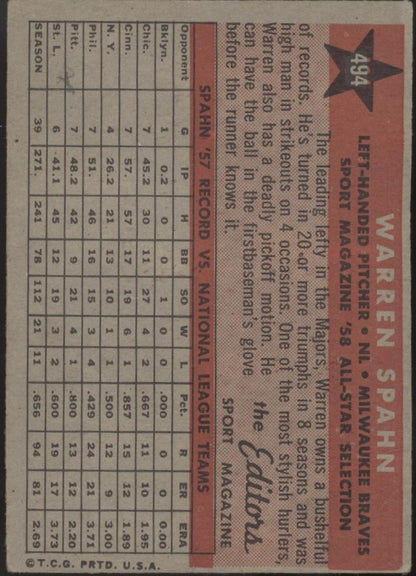 Warren Spahn 1958 Topps #494 Milwaukee Braves EX