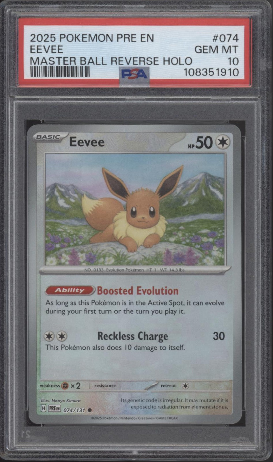 Eevee Pokemon Prismatic Evolution Master Ball Reverse Holo #074 PSA 10