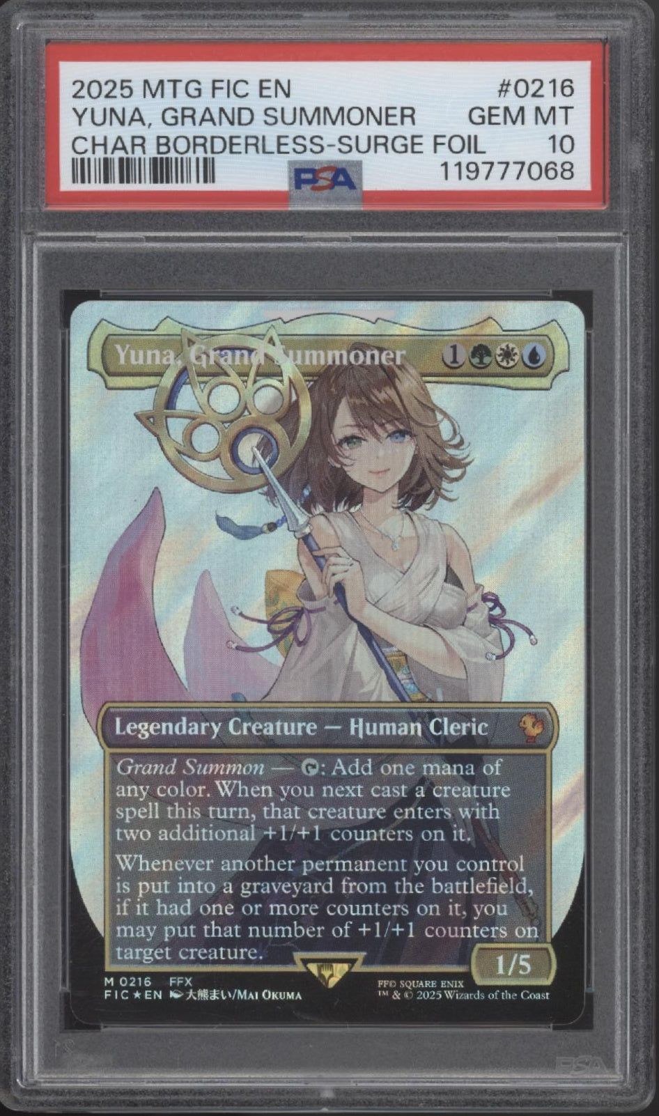 Yuna, Grand Summoner MTG Final Fantasy Character Borderless Surge Foil PSA 10