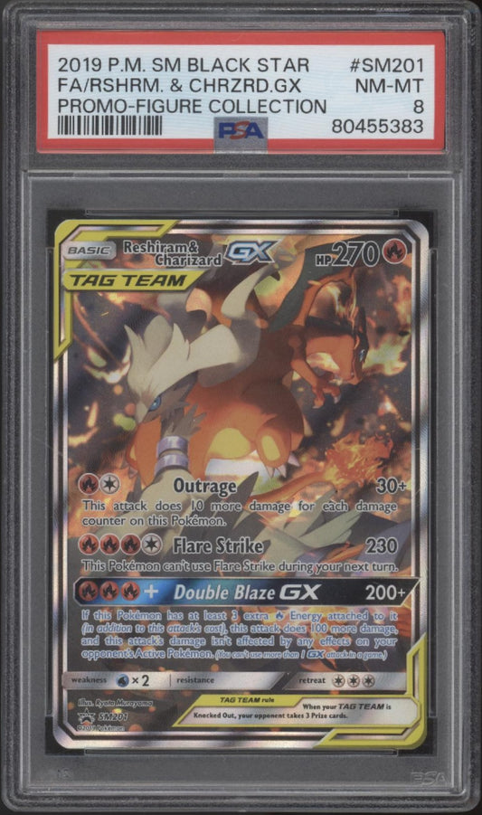 Rehiram & Charizard GX Pokemon Black Star Promo Figure Collection #SM201 PSA 8