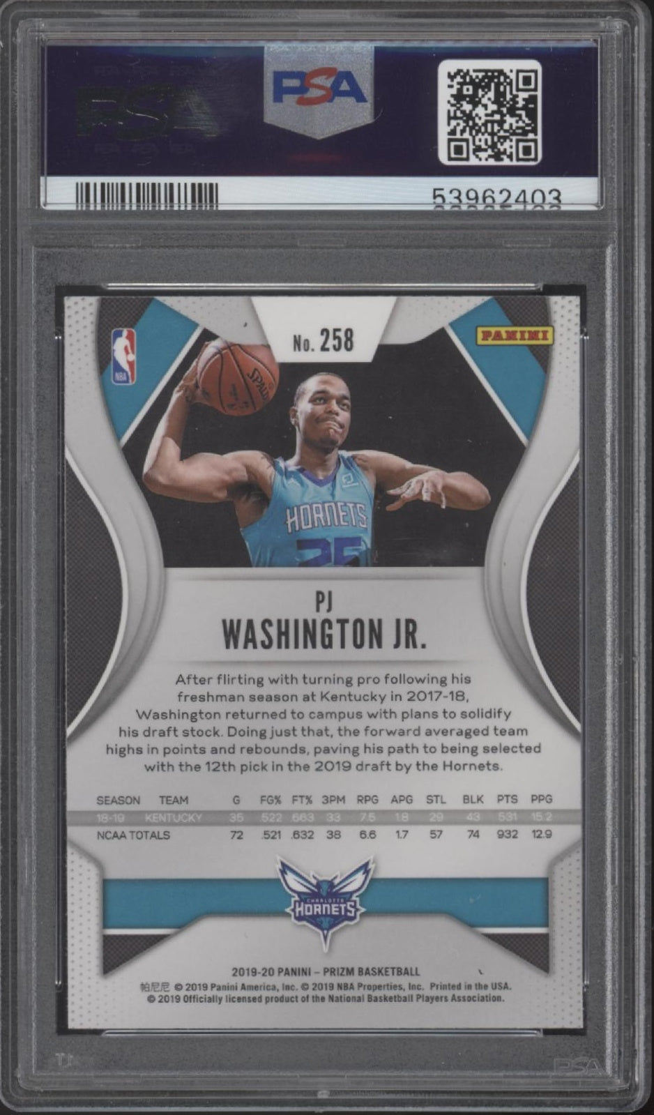 PJ Washington 2019-20 Panini Prizm RC #258 PSA 10
