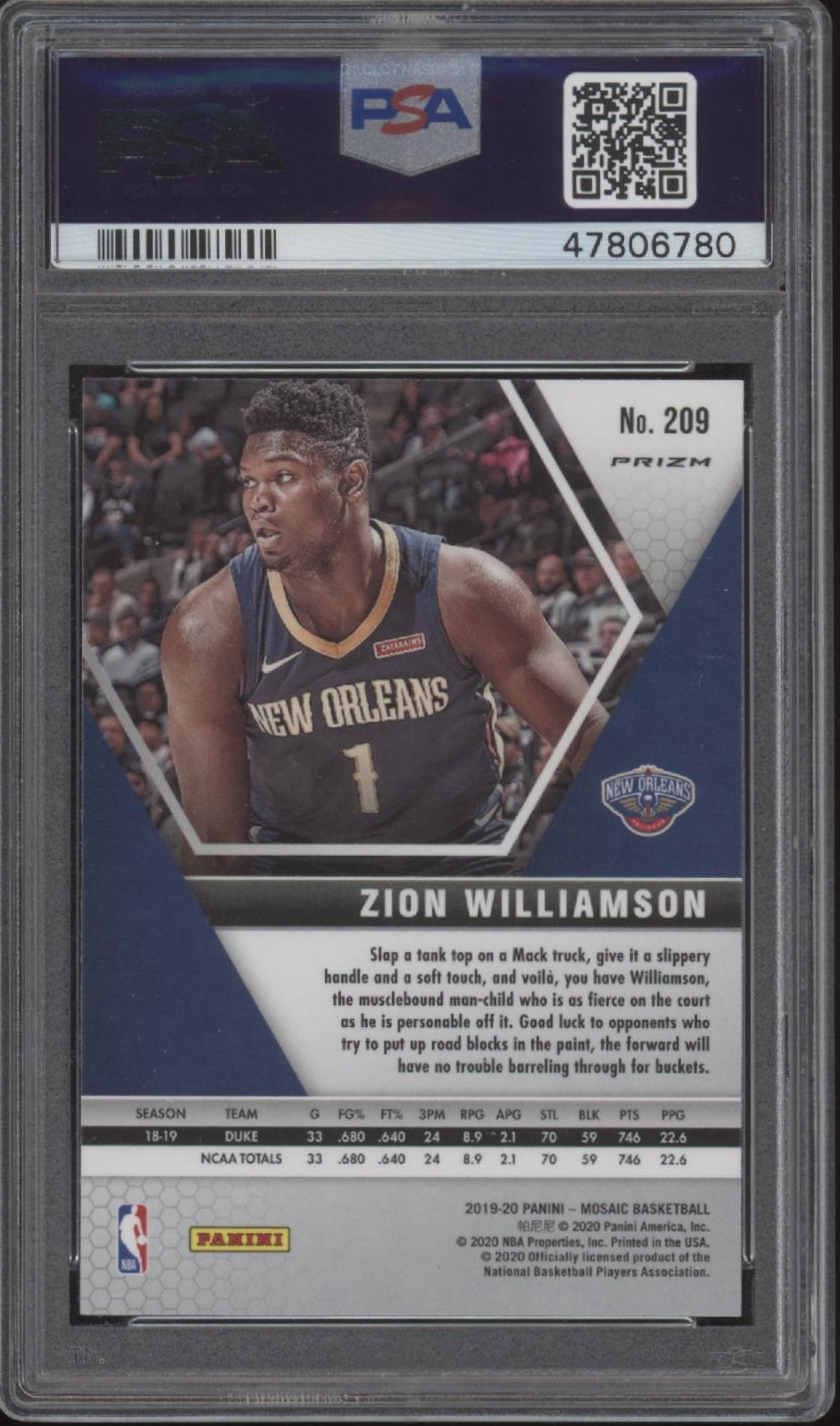 Zion Williamson 2019-20 Panini Mosaic Reactive Orange Prizm RC #209 PSA 10