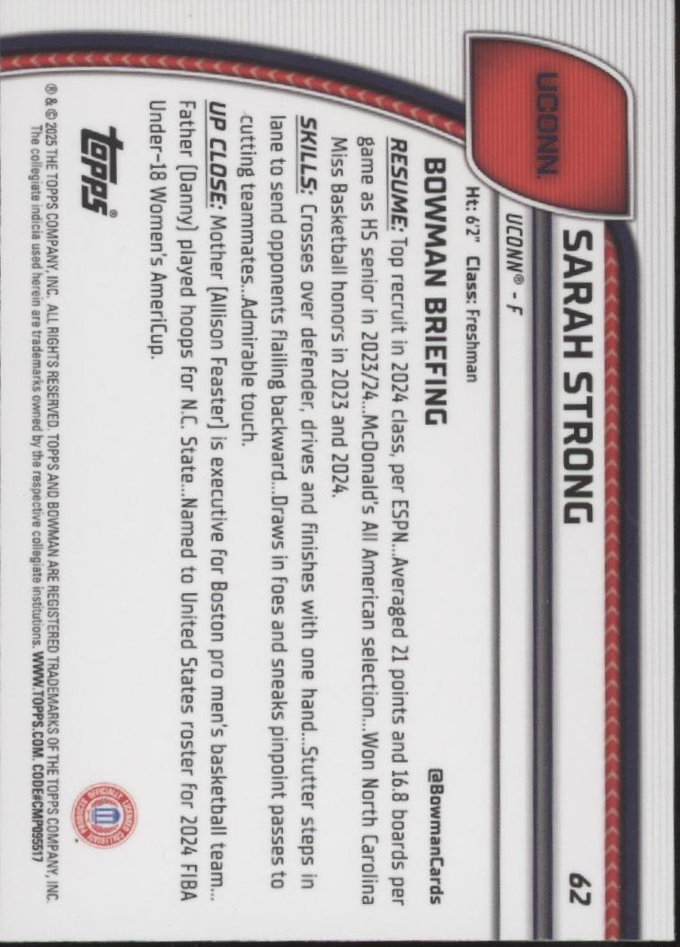 Sarah Strong 2024-25 Bowman Chrome University Purple Lava Refractor #62