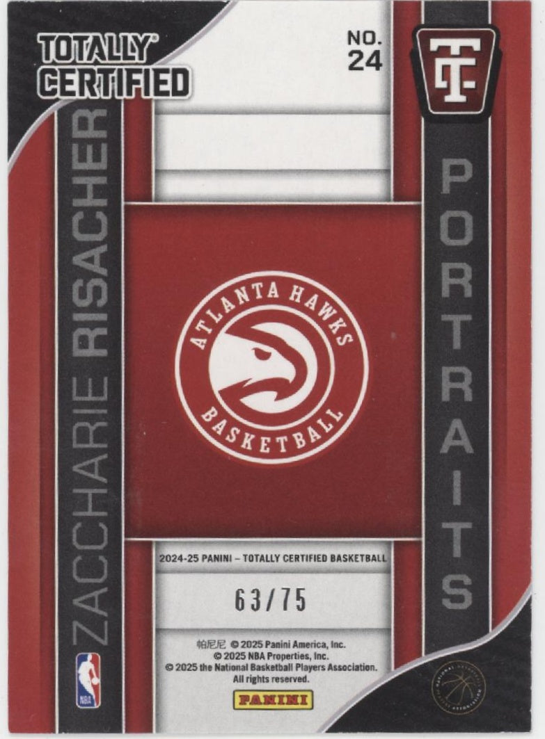 Zaccharie Risacher 2024-25 Panini Totally Certified Portraits RC 63/75 #24
