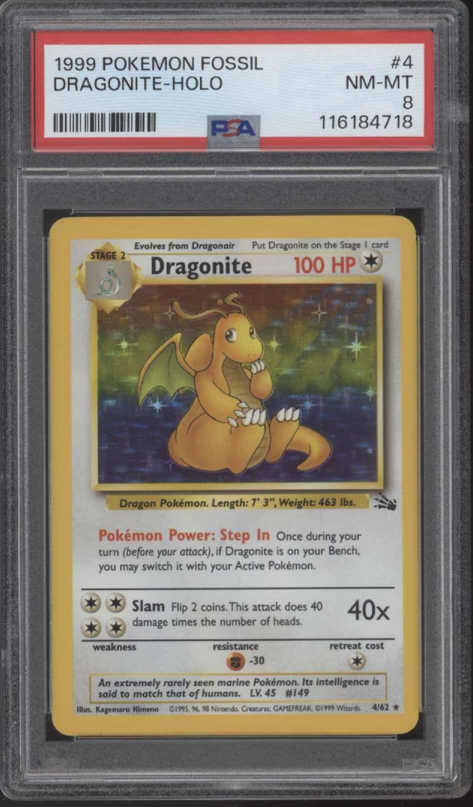 Dragonite Pokemon Fossil Holo #4 PSA 8