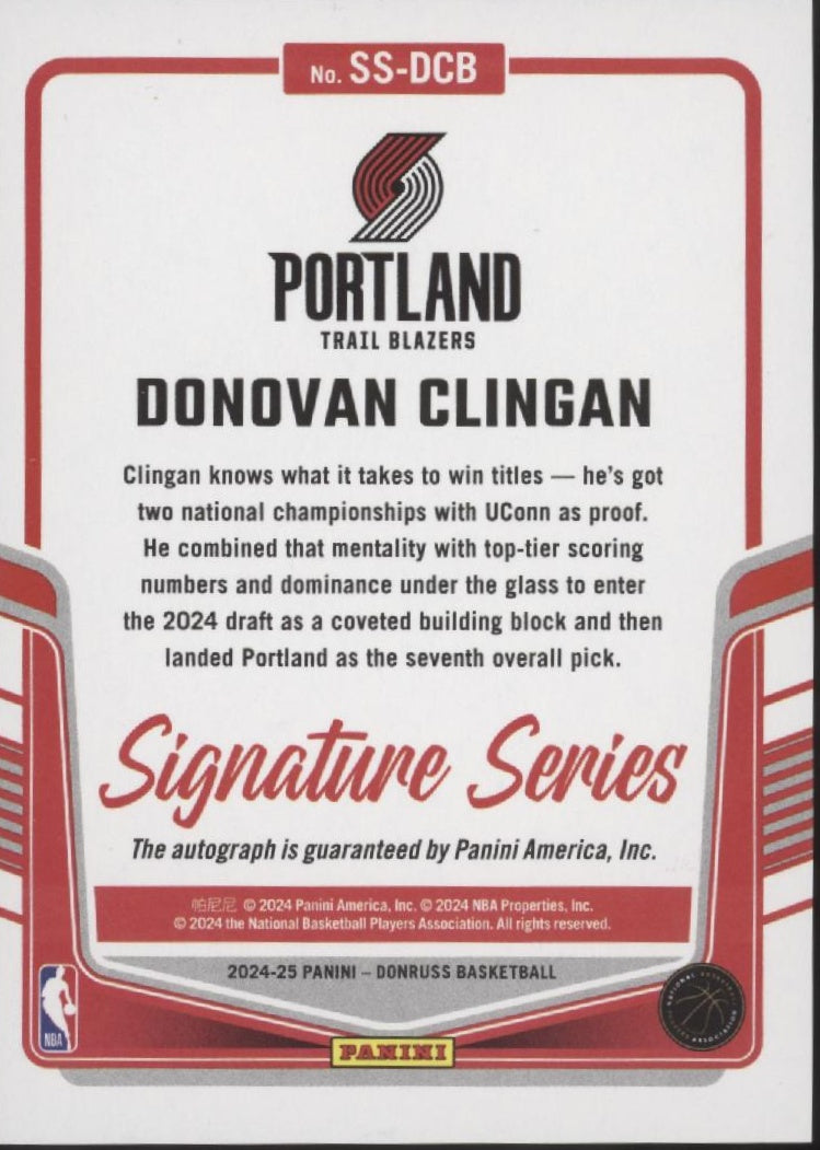 Donovan Clingan 2024-25 Donruss Signature Series Green Laser RC Auto 39/75