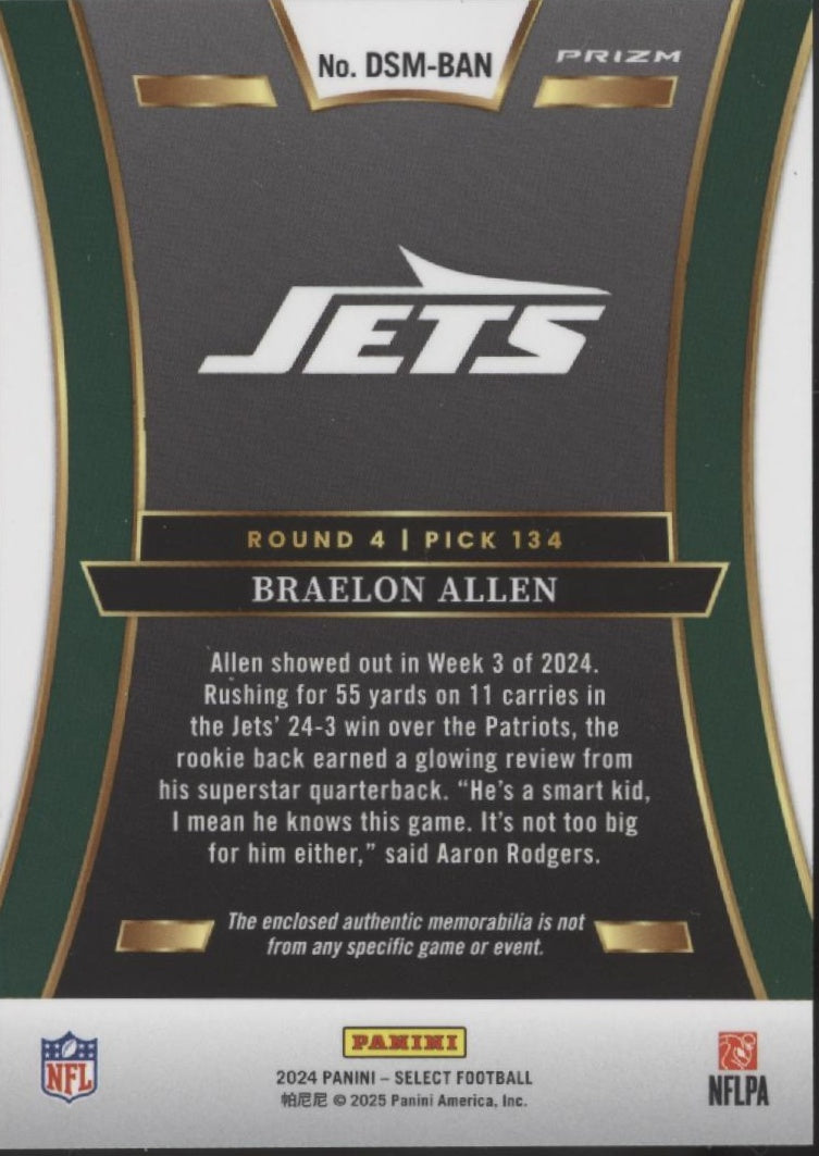 Braelon Allen 2024 Panini Select Red Prizm Swatch RC #DSM-BAN