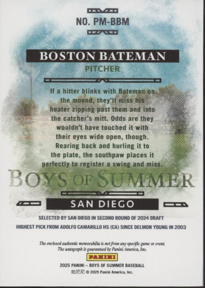 Boston Bateman 2025 Panini Boys of Summer Red Swatch Auto 69/75 #PM-BBM
