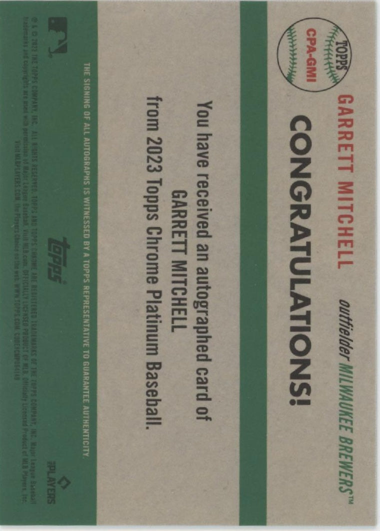 Garrett Mitchell 2023 Topps Chrome Platinum Aqua Refractor RC Auto 134/150