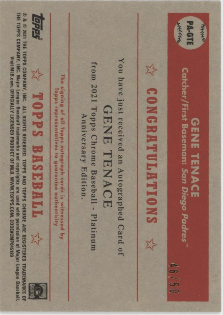 Gene Tenace 2021 Topps Chrome Platinum Gold Refractor Auto 46/50 #PA-GTE