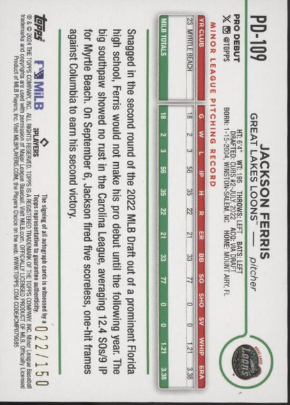 Jackson Ferris 2024 Topps Pro Debut Blue Holo Auto 022/150 #PD-109