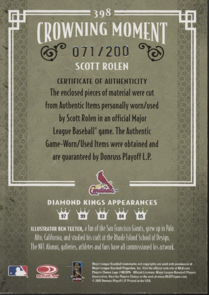 Scott Rolen 2005 Donruss Diamond Kings Crowning Moment Relics 071/200 #398