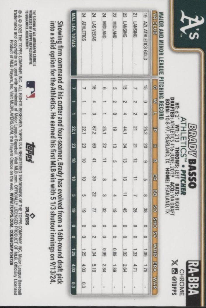 Brady Basso 2025 Topps Chrome Blue Refractor RC Auto 085/150 #RA-BBA