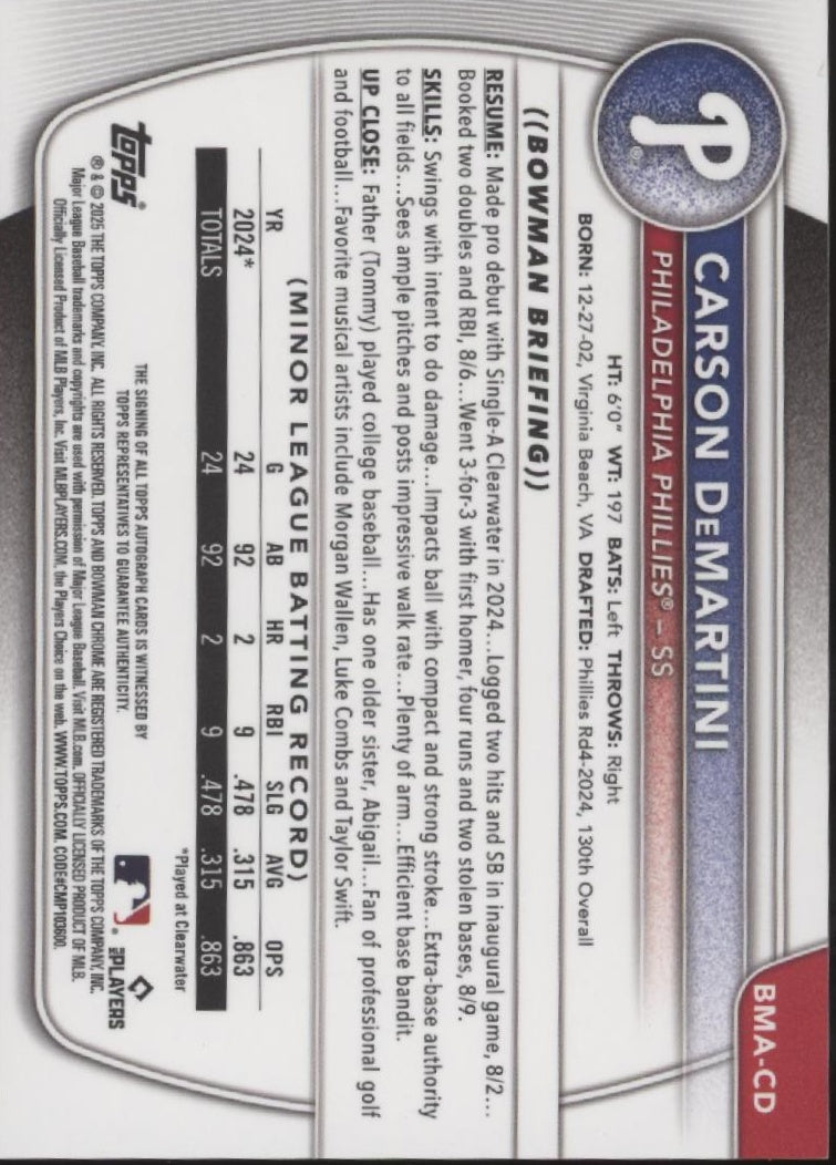 Carson DeMartini 2025 Bowman Chrome Prospects Mojo Refractor Auto #BMA-CD
