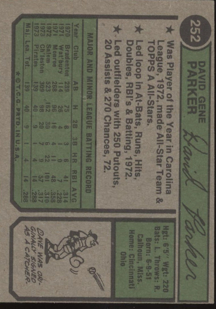 Dave Parker 1974 Topps RC #252 Pittsburgh Pirates VG