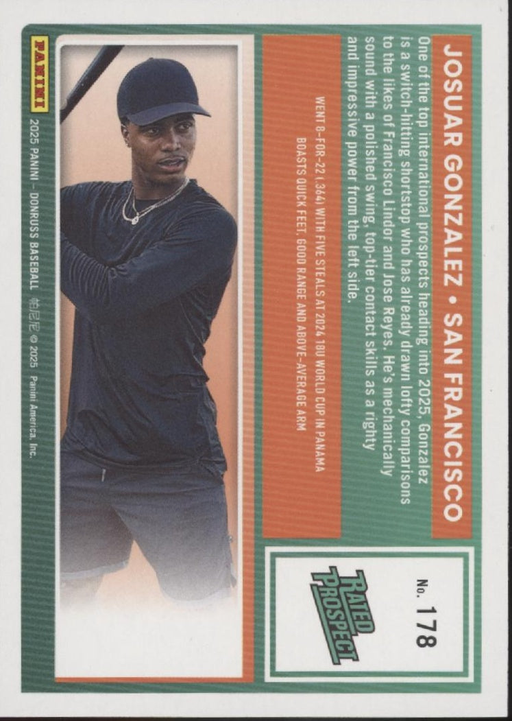 Josuar Gonzalez 2025 Panini Donruss Rated Prospect Purple Laser 28/49 #178