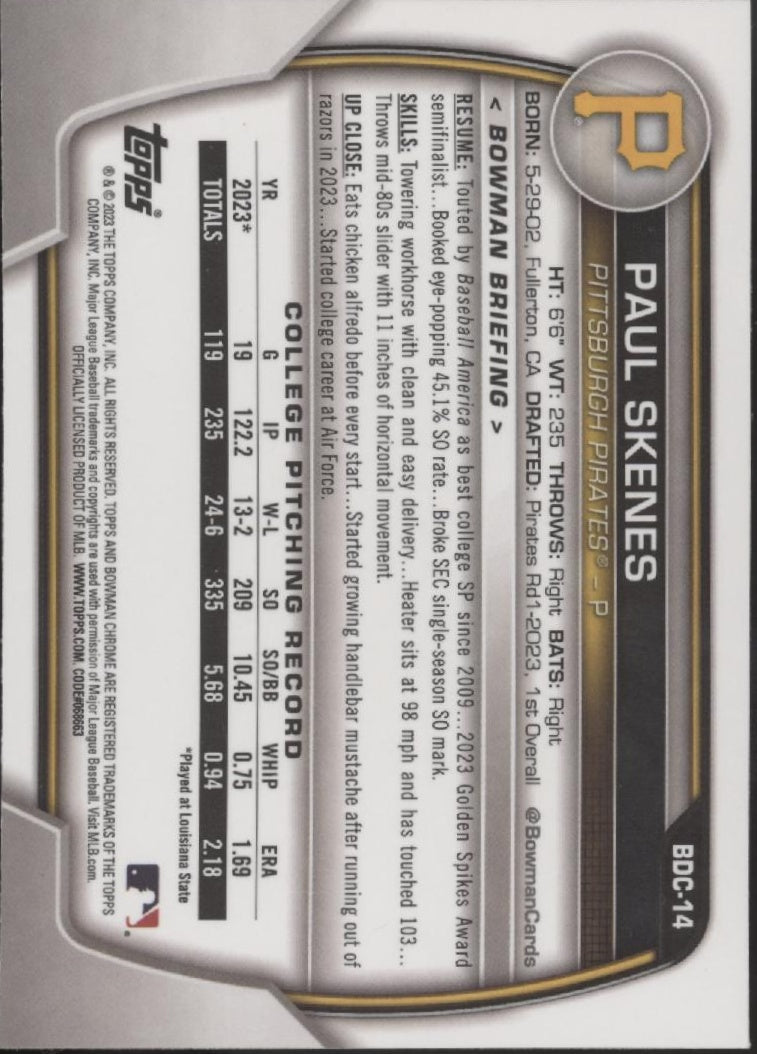Paul Skenes 2023 Bowman Chrome #BDC-14