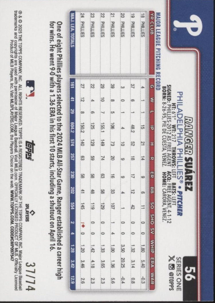 Ranger Suarez 2025 Topps Series 1 Black 37/74 #56