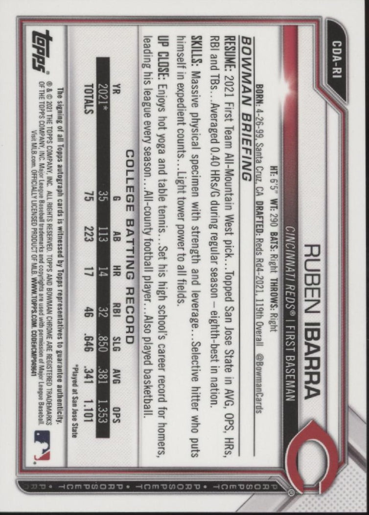 Ruben Ibarra 2021 Bowman Chrome Prospects Auto #CDA-RI