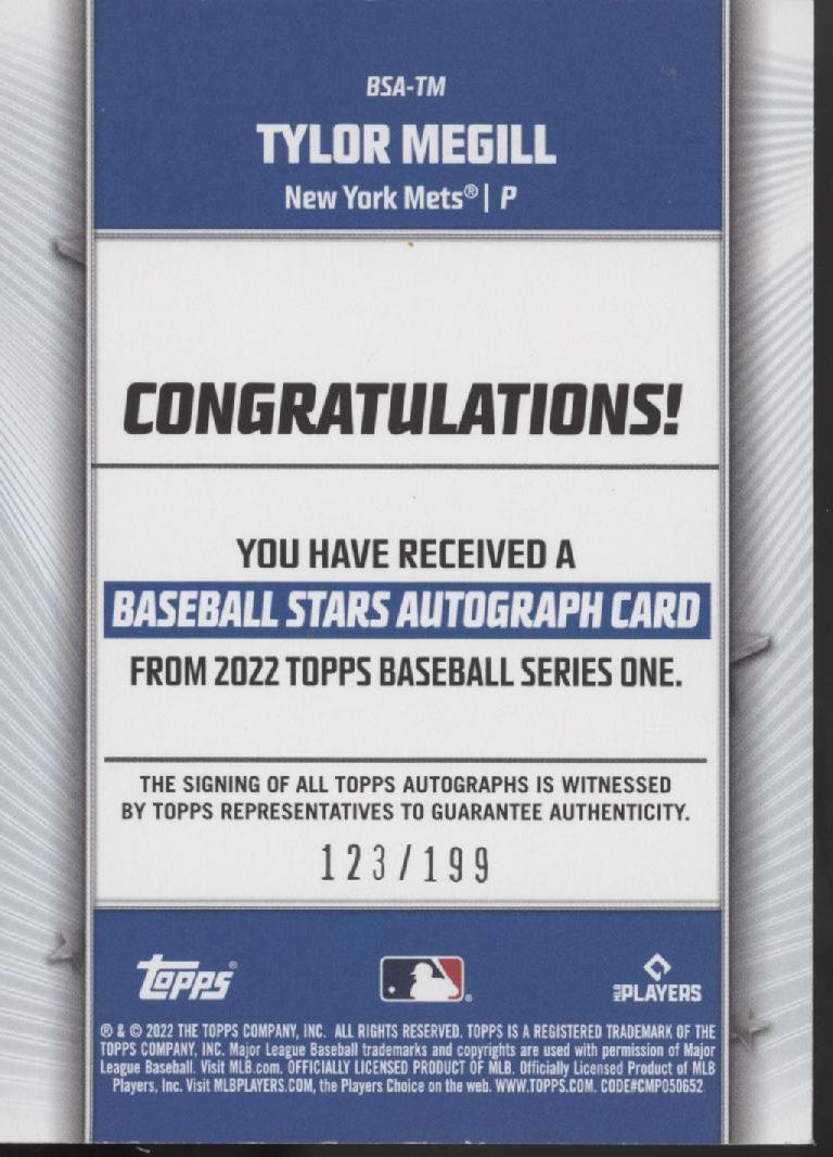 Tylor Megill 2022 Topps Stars RC Auto 123/199 #BSA-TM