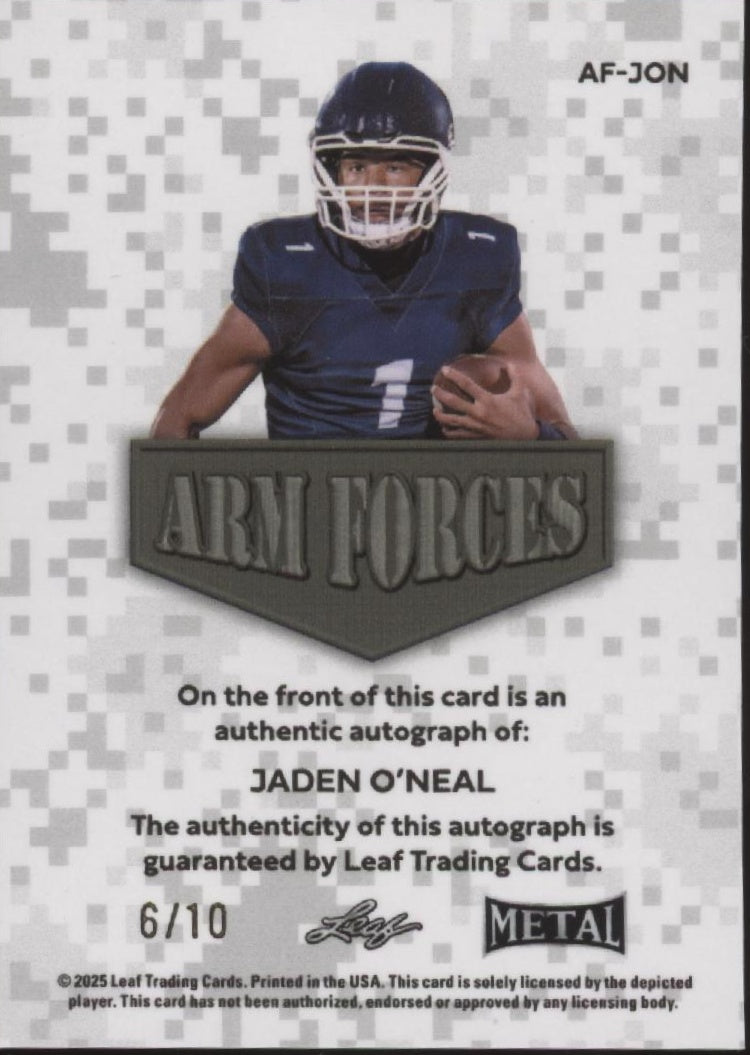 Jaden O'Neal 2025 Leaf Metal Arm Forces Auto 6/10 #AF-JON