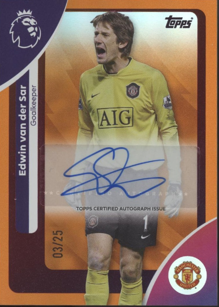 Edwin van der Sar 2025-26 Topps Premier League Orange Holo Auto 03/25