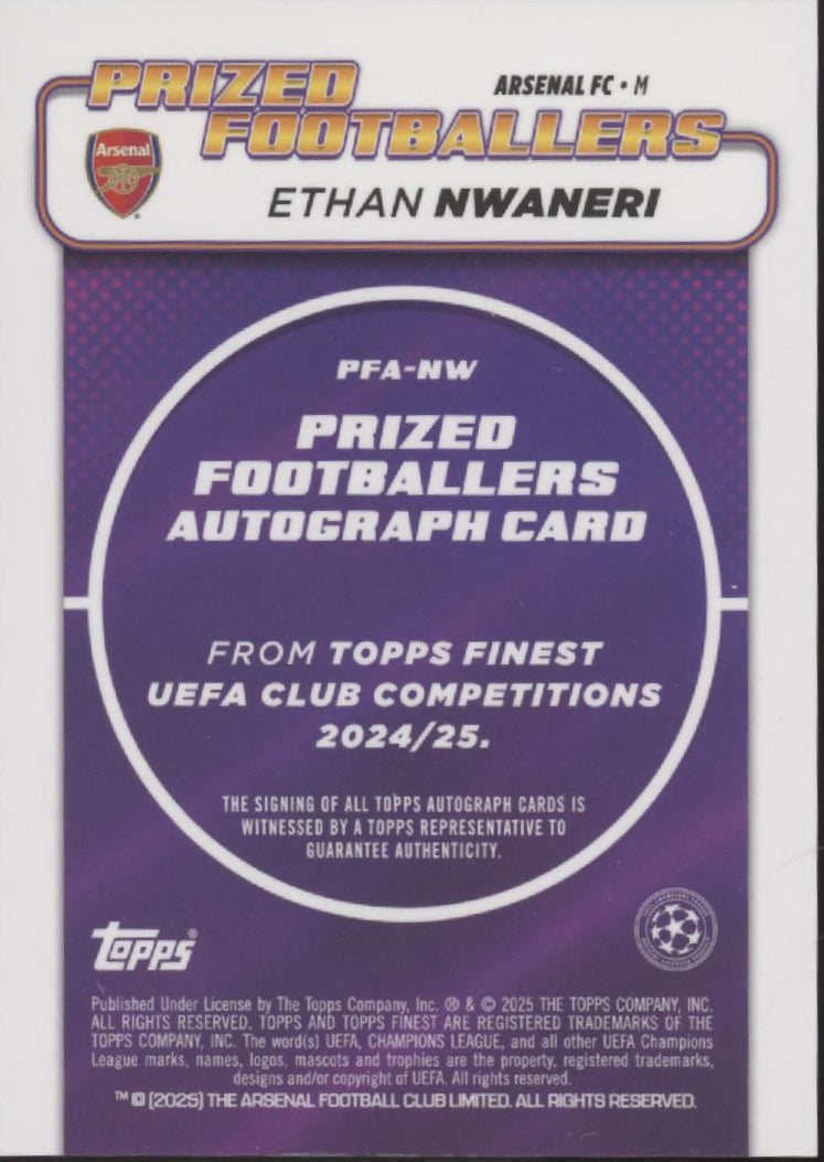Ethan Nwaneri 2024-25 Topps Finest UEFA CC Prized Footballers RC Auto #PFA-NW