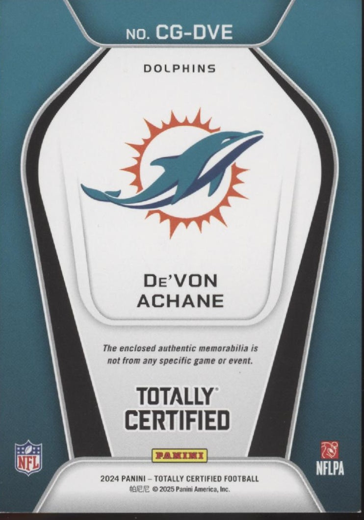 De'Von Achane 2024 Panini Totally Certified Gamers Swatch #CG-DVE