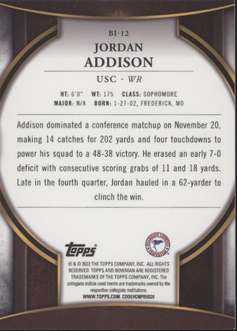 Jordan Addison 2022 Bowman Invicta Refractor #BI-12