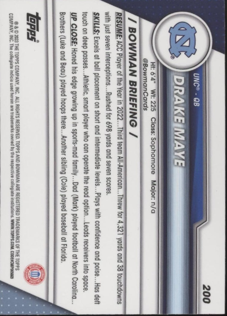 Drake Maye 2023 Bowman Chrome University #200