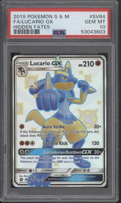 Lucario GX Pokemon Hidden Fates Full Art #SV64 PSA 10
