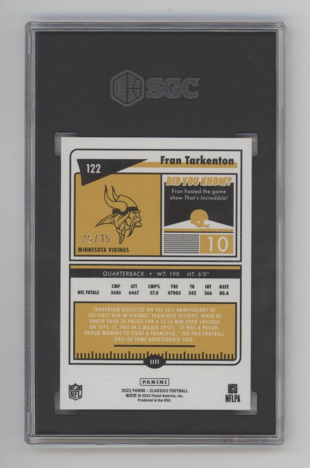 Fran Tarkenton 2022 Panini Classics Timeless Tributes Premium Ed Red /35 SGC 9.5
