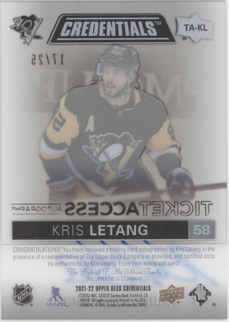 Kris Letang 2021-22 Upper Deck Credentials Ticket Access Clear Card Auto 17/25