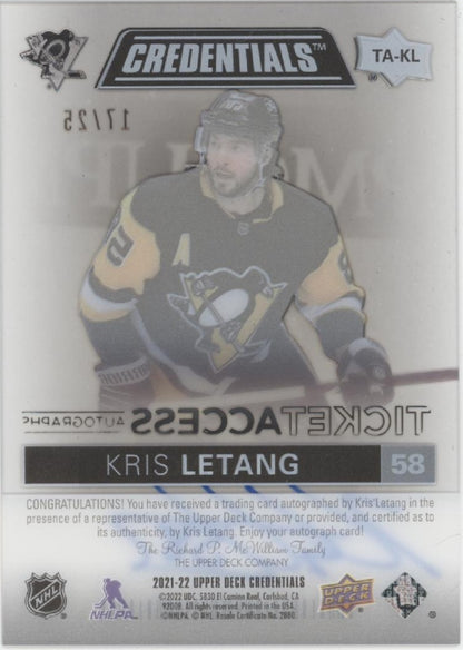 Kris Letang 2021-22 Upper Deck Credentials Ticket Access Clear Card Auto 17/25
