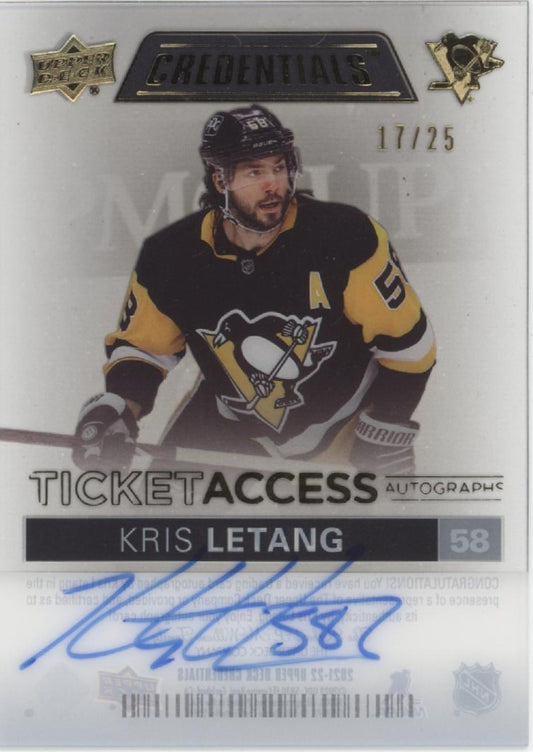 Kris Letang 2021-22 Upper Deck Credentials Ticket Access Clear Card Auto 17/25