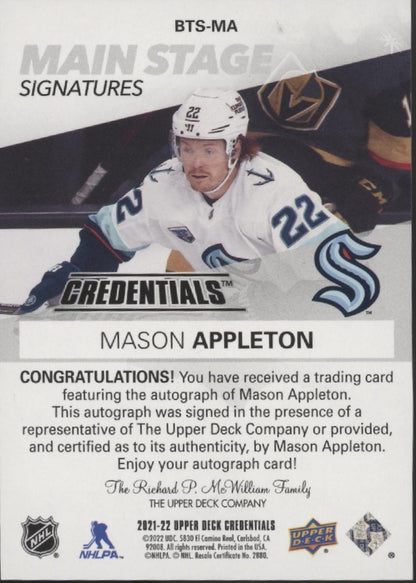 Mason Appleton 2021-22 Upper Deck Credentials Main Stage Signatures Holo Auto
