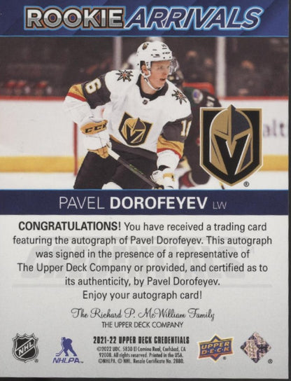 Pavel Dorofeyev 2021-22 Upper Deck Credentials Rookie Arrivals RC Auto #RA-24