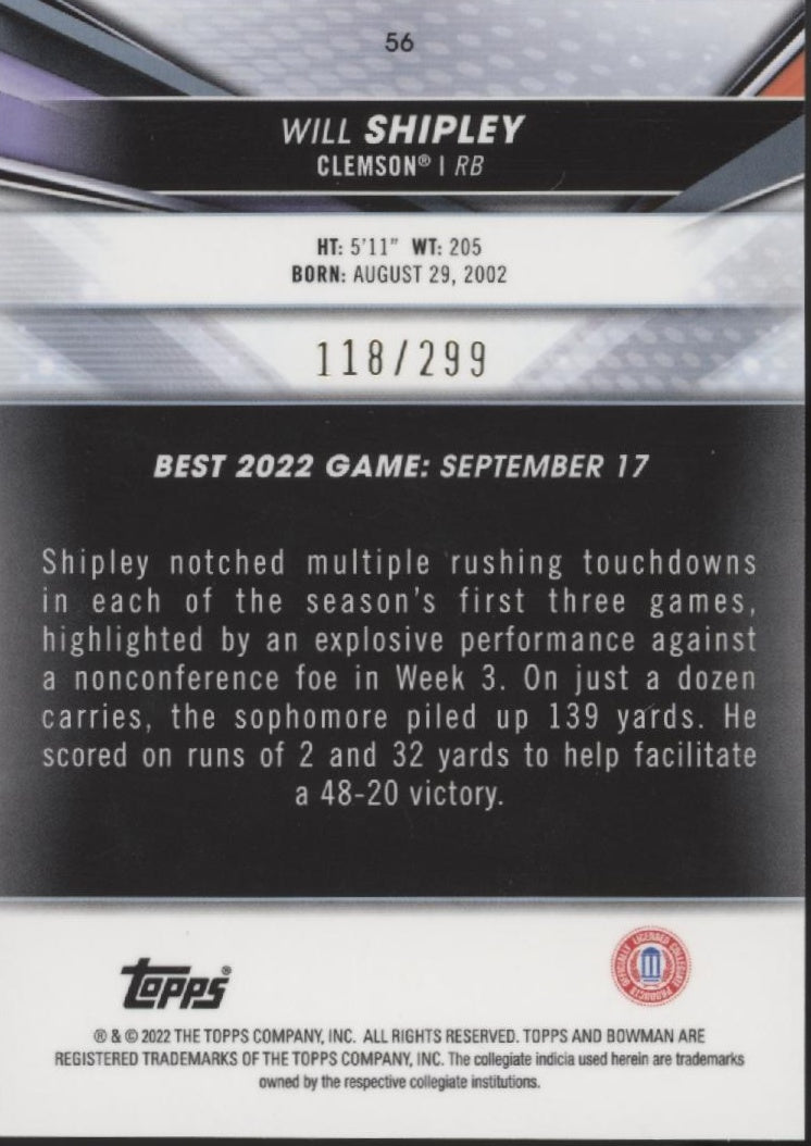 Will Shipley 2022 Bowman Chrome University Mini Diamond Refractor 118/299 #56
