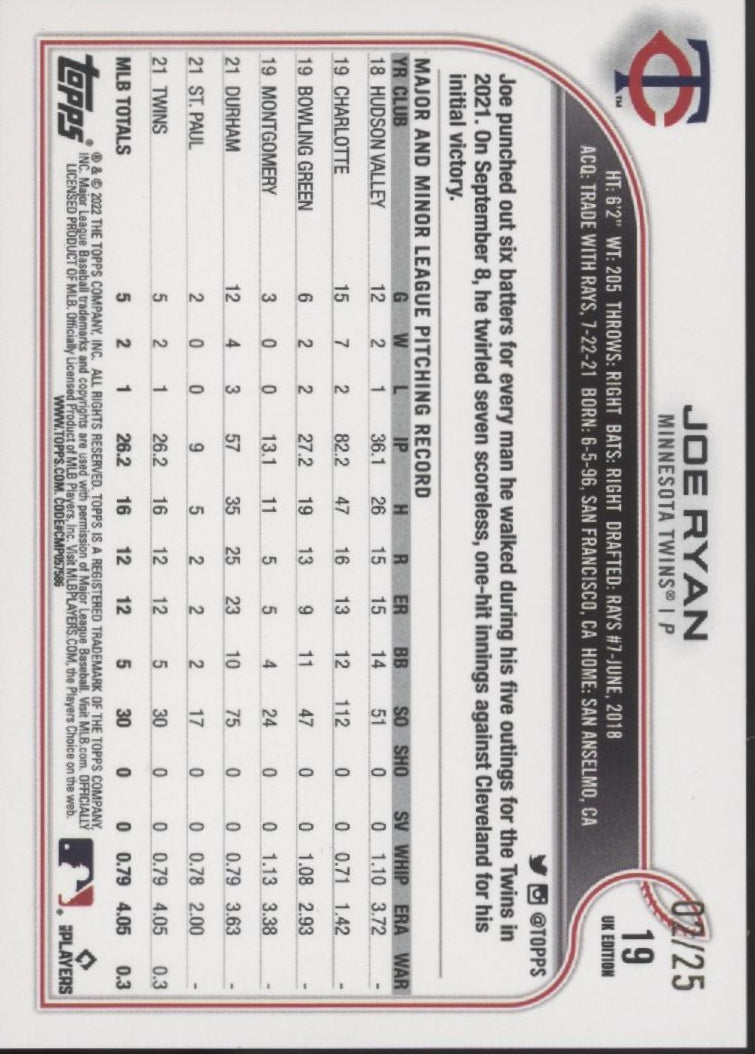 Joe Ryan 2022 Topps UK Edition Gold RC 02/25 #19