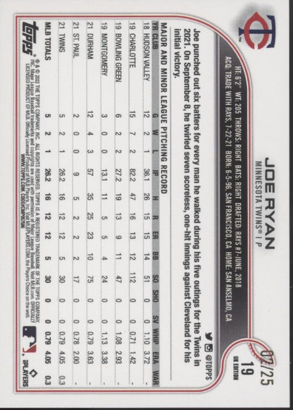 Joe Ryan 2022 Topps UK Edition Gold RC 02/25 #19